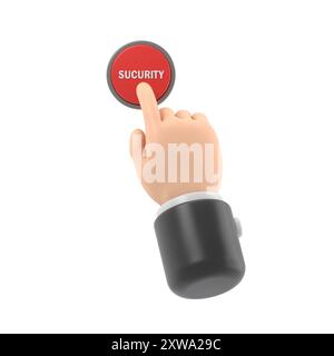 Pulsante Security (sicurezza). Mano che preme il pulsante rosso. Premere il dito. illustrazione 3d disegno piatto. Inizio azione, concetto. SOS icon.rendering 3D su sfondo bianco Foto Stock