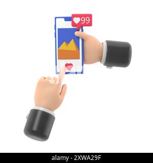 App social media, premi il pulsante come immagini. Smartphone mobile che tiene la mano. Smartphone con interfaccia social network.rendering 3D su sfondo bianco Foto Stock