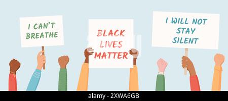 Mani diverse tengono segni di Black Lives Matter Illustrazione Vettoriale