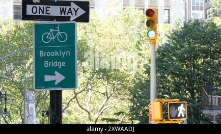 Segnaletica stradale per pista ciclabile, New York. Pista ciclabile del ponte di Brooklyn, percorso ciclabile nel centro di Manhattan. Cyclists Way, City Hall Park. Infrastrutture per attività sportive ricreative, Stati Uniti. Freccia a senso unico. Foto Stock