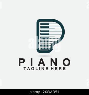 Logo Letter P piano. Design creativo lettera P combinazione con tastiera piano per pianoforte Logo. Illustrazione Vettoriale