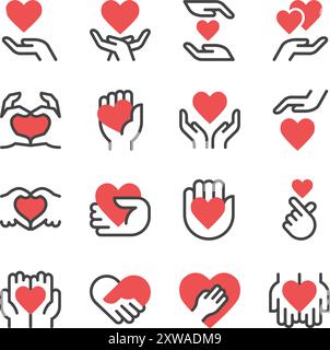 mano con set di icone cuore, vettore e illustrazione Illustrazione Vettoriale