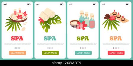 Banner Web Spa. Candele, foglie tropicali e cosmetici in bottiglia. Cura della pelle e relax per le donne. Massaggio nel salone di bellezza. Modello poster o opuscolo. Illustrazione isolata in stile cartoni animati vettoriali Illustrazione Vettoriale
