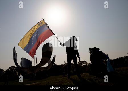 Buenos Aires, Argentina. 17 agosto 2024. I venezuelani manifestano durante una protesta globale contro la frode elettorale commessa in Venezuela durante le ultime elezioni presidenziali (28 luglio), il 17 agosto 2024 al Floralis generica nella città di Buenos Aires, Argentina. (Foto di Francisco Loureiro/Sipa USA) credito: SIPA USA/Alamy Live News Foto Stock