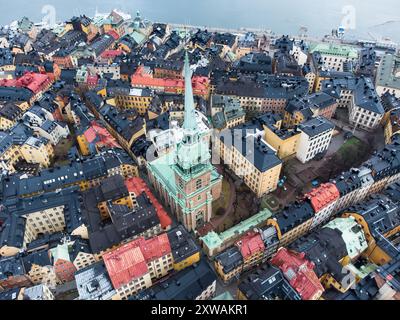 Stoccolma, Svezia: Veduta aerea della chiesa tedesca Gertrud nella città vecchia di Gamla Stan a Stoccolma, capitale della Svezia Foto Stock