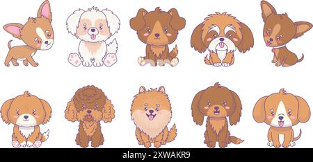 Simpatici cani di diverse razze. Simpatico animale domestico di chihuachua, mongrel, spitz, barboncino, pinscher, Shih Tzu. Animale isolato del kawaii dei cartoni animati. Vettore Illustrazione Vettoriale