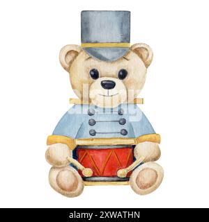 Illustrazione ad acquerello con orsacchiotto in forma blu con tamburo rosso, buon Natale, disegnato a mano Foto Stock