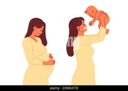 La donna incinta dà alla luce un bambino e si rallegra della maternità, potendo prima e dopo il parto Illustrazione Vettoriale