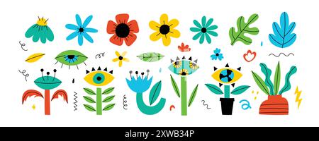 Set di fiori psichedelici hipster retrò cool Illustrazione Vettoriale