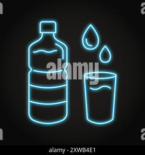 Icona della linea al neon rimani idratato. Bevete acqua. Bottiglia d'acqua e bicchiere. Illustrazione vettoriale. Illustrazione Vettoriale