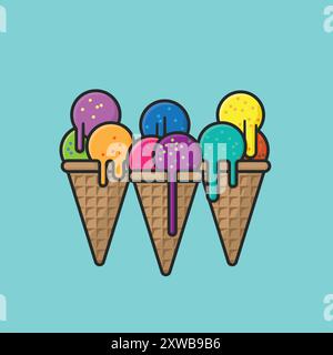 Tre coni di gelato dai sapori colorati illustrazioni vettoriali per il Creative Ice Cream Flavor Day il 1° luglio Illustrazione Vettoriale