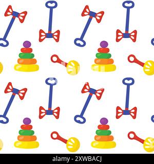 Giocattoli per bambini motivo senza cuciture colorato in stile cartone animato illustrazione piatta. Illustrazione Vettoriale