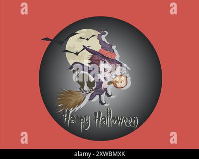 Una strega sta volando su una scopa e tiene in mano una zucca. L'immagine è intitolata "Happy Halloween" Illustrazione Vettoriale