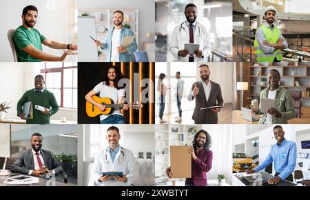 Gruppo di uomini diversificato in vari ambienti di lavoro Foto Stock