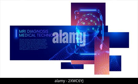 MRI, eeg o tomografia radiologica diagnostica scienza medica illustrazione concettuale. Sensore elettrodi sul paziente con testa di uomo. Lo scanner crea neurolog computer Illustrazione Vettoriale