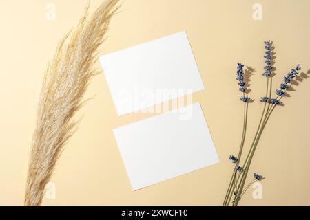 Due fogli di carta pulita, fiori di lavanda e erba pampas su sfondo beige alla luce del sole. Vista dall'alto, posizione piatta, mockup. Foto Stock