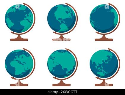 Sei globi vivaci e colorati che mostrano ad arte una varietà di vedute diverse di Terre continenti e oceani Illustrazione Vettoriale