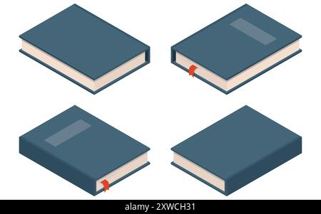 Un'impressionante raccolta di quattro libri isometrici che mostrano diverse angolazioni, completi di segnalibri per la navigazione. Illustrazione vettoriale. EPS 10. Illustrazione Vettoriale