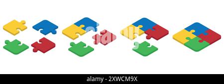 Set di pezzi di puzzle isometrici. Concetto di lavoro di squadra, comunicazione, problema o soluzione di sfida. Illustrazione vettoriale. EPS 10. Illustrazione Vettoriale