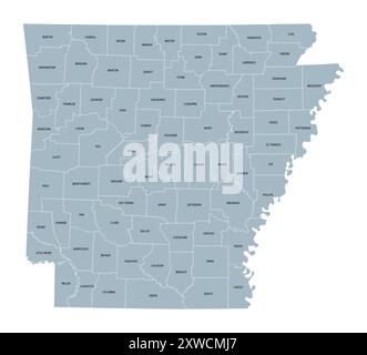 Arkansas, Stati Uniti, mappa politica grigia con i confini e i nomi delle contee. Stato nella regione centro-meridionale occidentale degli Stati Uniti meridionali. Foto Stock