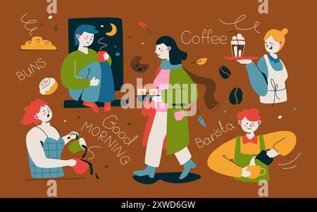 Buongiorno con caffè - un set di illustrazioni vettoriali colorate moderne Illustrazione Vettoriale