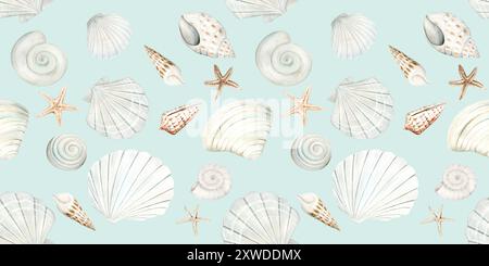 Sea Frame e stelle. Ripetizione senza giunture. Illustrazione acquerello in colori pastello. Il disegno è disegnato a mano. Adatto per cartoline, carta da parati e tessuti Foto Stock