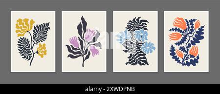 Poster floreale astratto minimalista. Illustrazione d'arte moderna in stile Matisse o scandinavo Illustrazione Vettoriale
