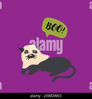 Animale domestico di Halloween in costume da fantasma. Simpatico adesivo per biglietto d'auguri. Illustrazione Vettoriale