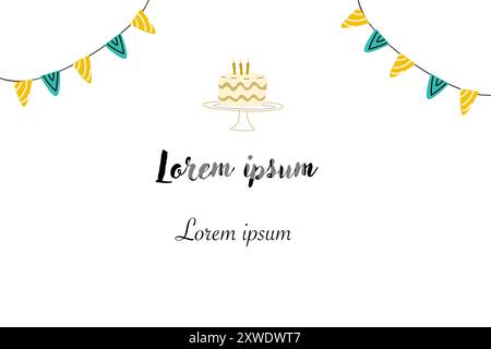 Biglietto d'invito per il compleanno dei bambini disegnato a mano. Design per festeggiare l'anniversario con colore dorato. Dolce o cupcake con candela e regalo. Illustrazione Vettoriale