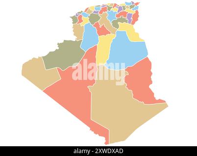 Mappa dell'Algeria per regione in colori diversi. Illustrazione vettoriale. Illustrazione Vettoriale