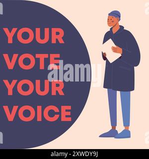 Illustrazione di un giovane con una pelle scura che vota il giorno delle elezioni. Lo scenario del processo democratico Illustrazione Vettoriale