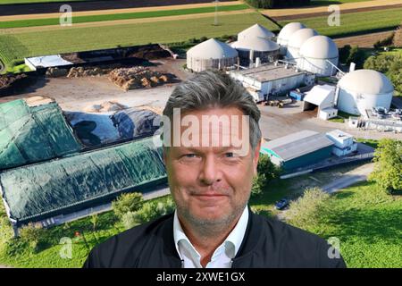 MONTAGGIO FOTOGRAFICO: Il ministro federale dell'economia Robert Habeck vuole riformare la promozione della produzione di energia dalla biomassa. FOTO ARCHIVIO: Impianto di biogas agricolo. Il biogas è una miscela di gas ricca di energia prodotta dalla decomposizione naturale di materiale organico in assenza di aria. Questo processo di decomposizione è utilizzato tecnicamente negli impianti di biogas per produrre biogas da letame liquido, rifiuti organici o impianti. ? Foto Stock