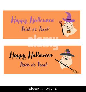Set di striscioni orizzontali per Halloween. Illustrazioni fantasma per bambini in stile piatto. Buon giorno di Halloween banner vettoriali. Personaggi simpatici e spettrali in un bambino Illustrazione Vettoriale