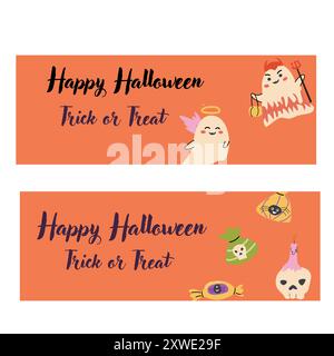 Set di striscioni orizzontali per Halloween. Illustrazioni fantasma per bambini in stile piatto. Buon giorno di Halloween banner vettoriali. Personaggi simpatici e spettrali in un bambino Illustrazione Vettoriale