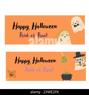 Set di striscioni orizzontali per Halloween. Illustrazioni fantasma per bambini in stile piatto. Buon giorno di Halloween banner vettoriali. Personaggi simpatici e spettrali in un bambino Illustrazione Vettoriale