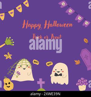 Simpatici Alloweens e fantasmi. Collezione di simpatici personaggi spaventosi. Adesivi per il giorno di Halloween. I bambini fantasmi con facce divertenti in costumi Illustrazione Vettoriale