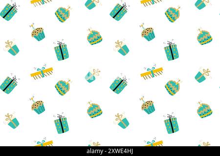 Design per festeggiare il compleanno di Doodle. Motivo perfetto con regali, torte con candele, cappelli da festa. Per carta da imballaggio, biglietti d'auguri e sfondi. Illustrazione Vettoriale