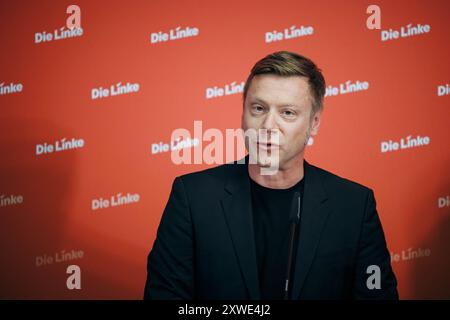 Martin Schirdewan, Vorsitzender der Partei die Linke, aufgenommen im Rahmen einer Pressekonferenz a Berlino, 19.08.2024. Berlin Deutschland *** Martin Schirdewan, presidente del partito di sinistra, in una conferenza stampa a Berlino, 19 08 2024 Berlino Germania Copyright: XFelixxZahn/photothek.dex Foto Stock