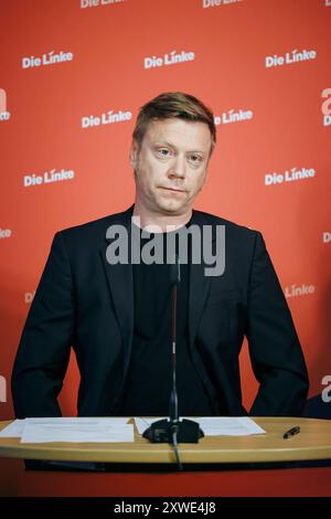 Martin Schirdewan, Vorsitzender der Partei die Linke, aufgenommen im Rahmen einer Pressekonferenz a Berlino, 19.08.2024. Berlin Deutschland *** Martin Schirdewan, presidente del partito di sinistra, in una conferenza stampa a Berlino, 19 08 2024 Berlino Germania Copyright: XFelixxZahn/photothek.dex Foto Stock