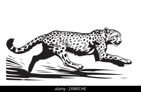 Correre ghepardo. Cheetah, grande gatto selvatico, disegno africano, illustrazione vettoriale su sfondo bianco. Vettore di ghepardo piatto disegnato a mano isolato. Illustrazione Vettoriale