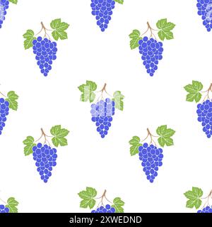 Grappolo d'uva senza cuciture su sfondo bianco, bacche e foglie di uva blu. Illustrazione vettoriale Illustrazione Vettoriale