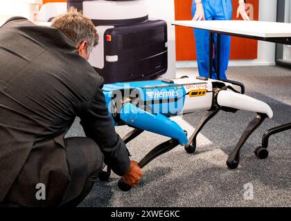 Amburgo, Germania. 19 agosto 2024. Robert Habeck (Alleanza 90/Verdi), Ministro federale dell'economia, guarda un robot durante una visita al gruppo otto. Credito: Daniel Bockwoldt/dpa/Alamy Live News Foto Stock