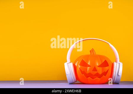 Musica di Halloween, playlist per il concetto di festa di Halloween. Pumpkin Jack Lantern in grandi cuffie bianche, su sfondo luminoso, copia spa Foto Stock