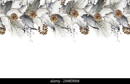 Cornice ad acquerello natalizio. Giardino botanico invernale di Natale con foglie di agrifoglio, frutti di bosco, pinne su sfondo bianco. Foto Stock