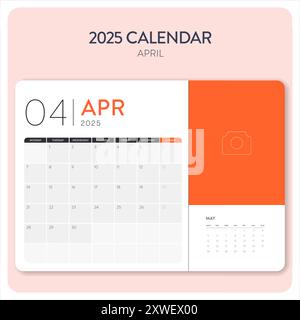 Calendario aprile 2025 vettore modello. Scrivania, calendario da parete per stampa, calendario digitale o pianificatore. La settimana inizia lunedì. Progettazione del layout del calendario annuale e Illustrazione Vettoriale