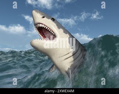 Il grande squalo bianco salta fuori dal mare tempestoso Foto Stock
