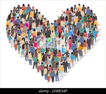 Persone in piedi insieme nell'illustrazione vettoriale a forma di cuore Illustrazione Vettoriale