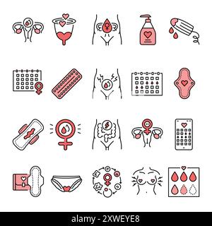 Set di icone nere della linea ciclo mestruale. Segni per pagina Web, app mobile, pulsante, logo. Pulsante isolato vettore. Traccia modificabile. Illustrazione Vettoriale