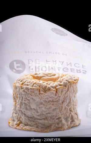 Formaggio Langres con carta da imballaggio originale sullo sfondo. Foto Stock
