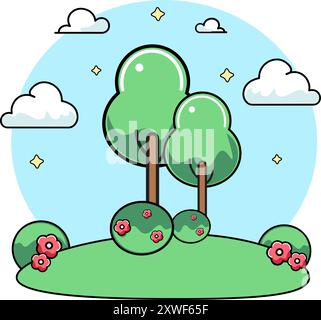 Due alberi verdi con erba e cespugli. Fiori rossi piatti e nuvole bianche su sfondo blu. Illustrazione piatta Illustrazione Vettoriale